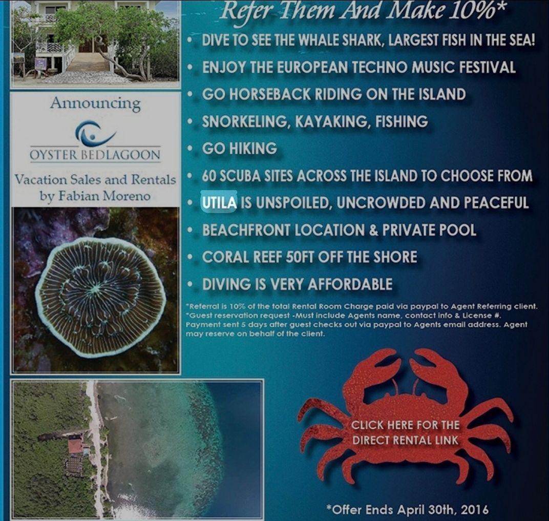 Blue travel poster for a scuba diving vacation in Belize with reef and island photos, listing activities and rates