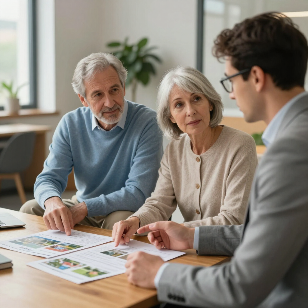 Three people reviewing documents at a table in a bright office meeting room