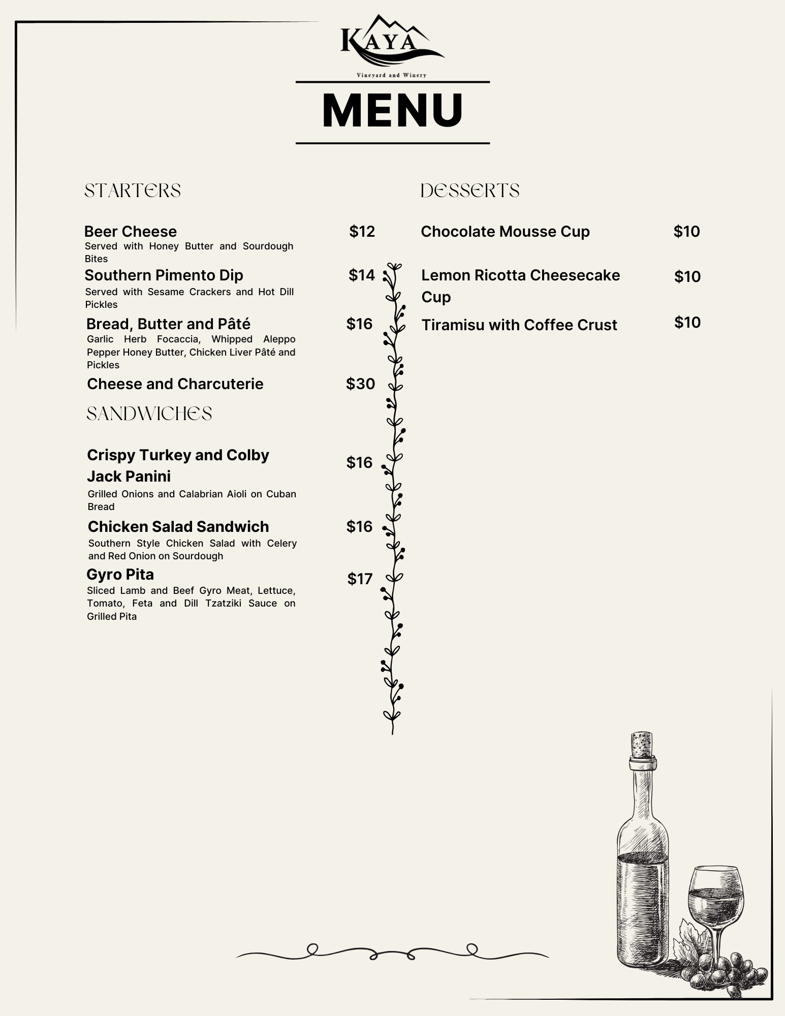 Menu from Kaya restaurant, featuring snacks, sandwiches, and desserts with prices.