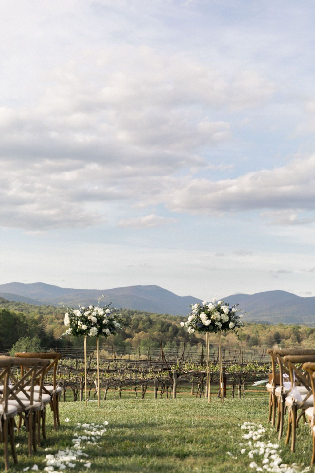 Wedding ceremony setup with chairs facing floral arrangements and vineyard backdrop.