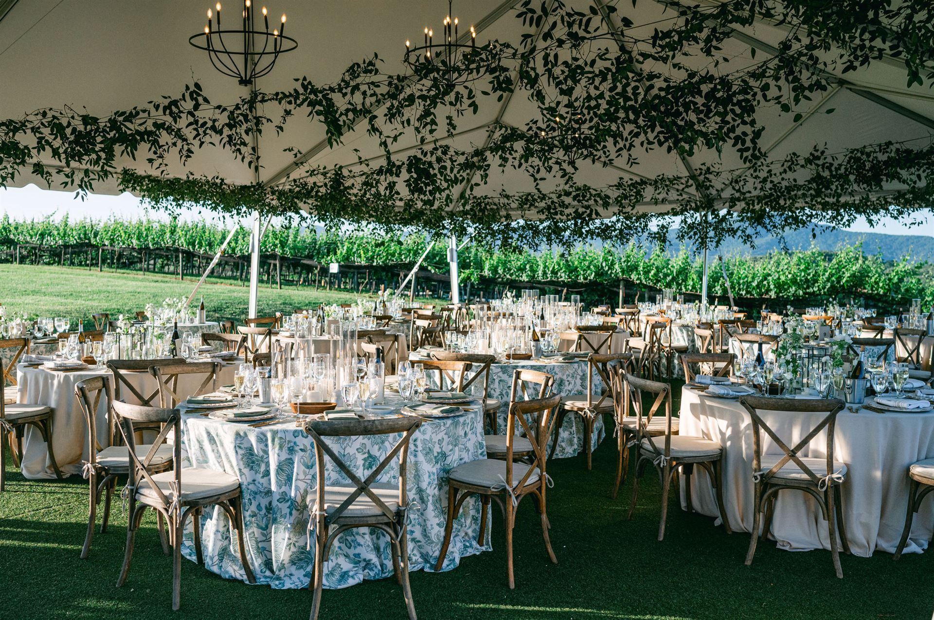 Wedding reception under a tent with tables set for guests, overlooking a vineyard.