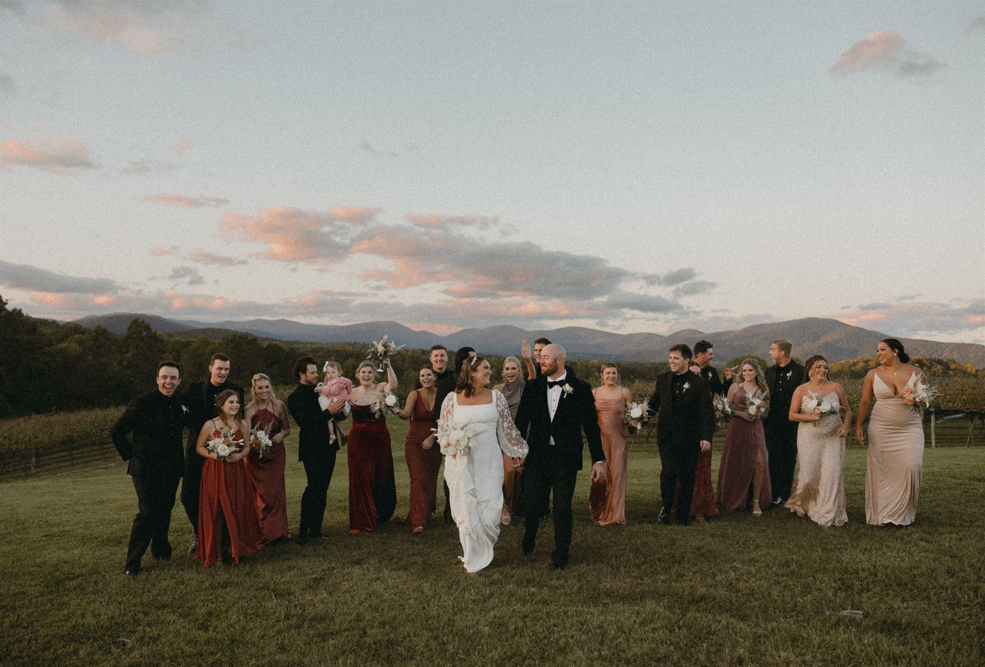 Wedding party walks in a field; bride and groom in the center, mountains in the background, sunset.