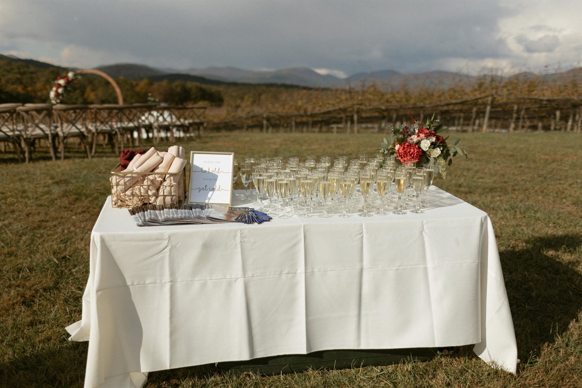 Table set up with champagne glasses for an outdoor wedding with vineyard and mountain view.