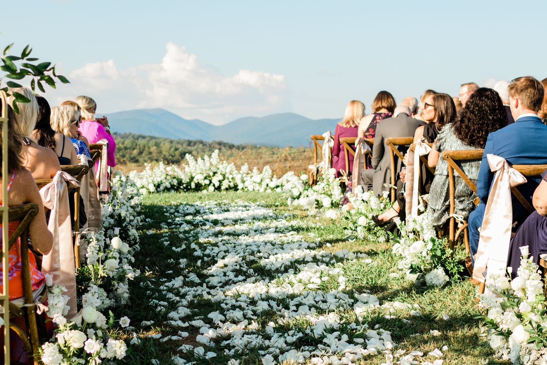 Wedding ceremony with rows of guests seated, white flower petal aisle, mountain backdrop.