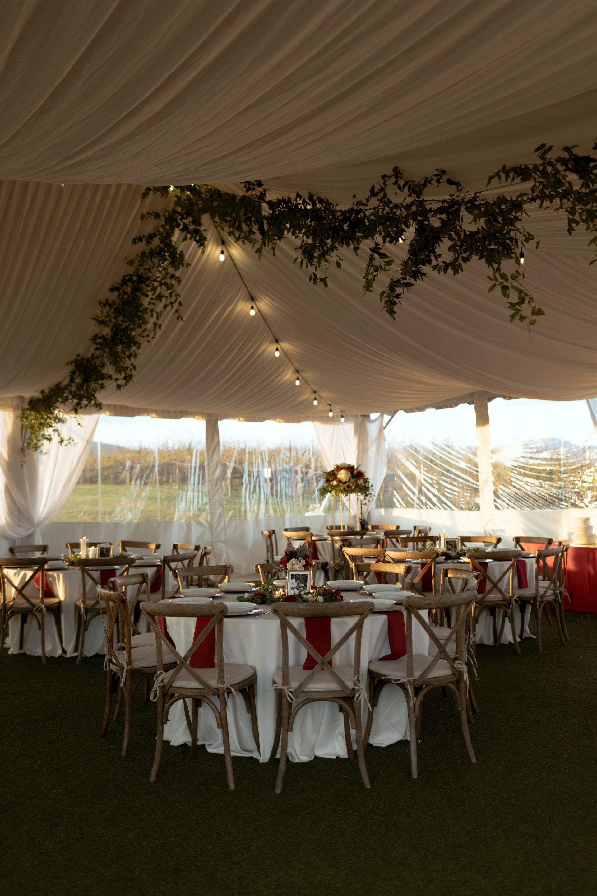 Wedding reception tent with tables set for guests, draped ceiling with string lights and greenery.
