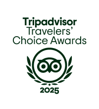 Tripadvisor Travelers' Choice Award logo featuring a green owl icon and laurel leaves, dated 2025.