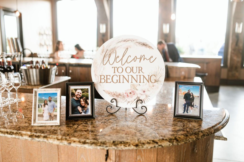 Wedding reception display with photos and 
