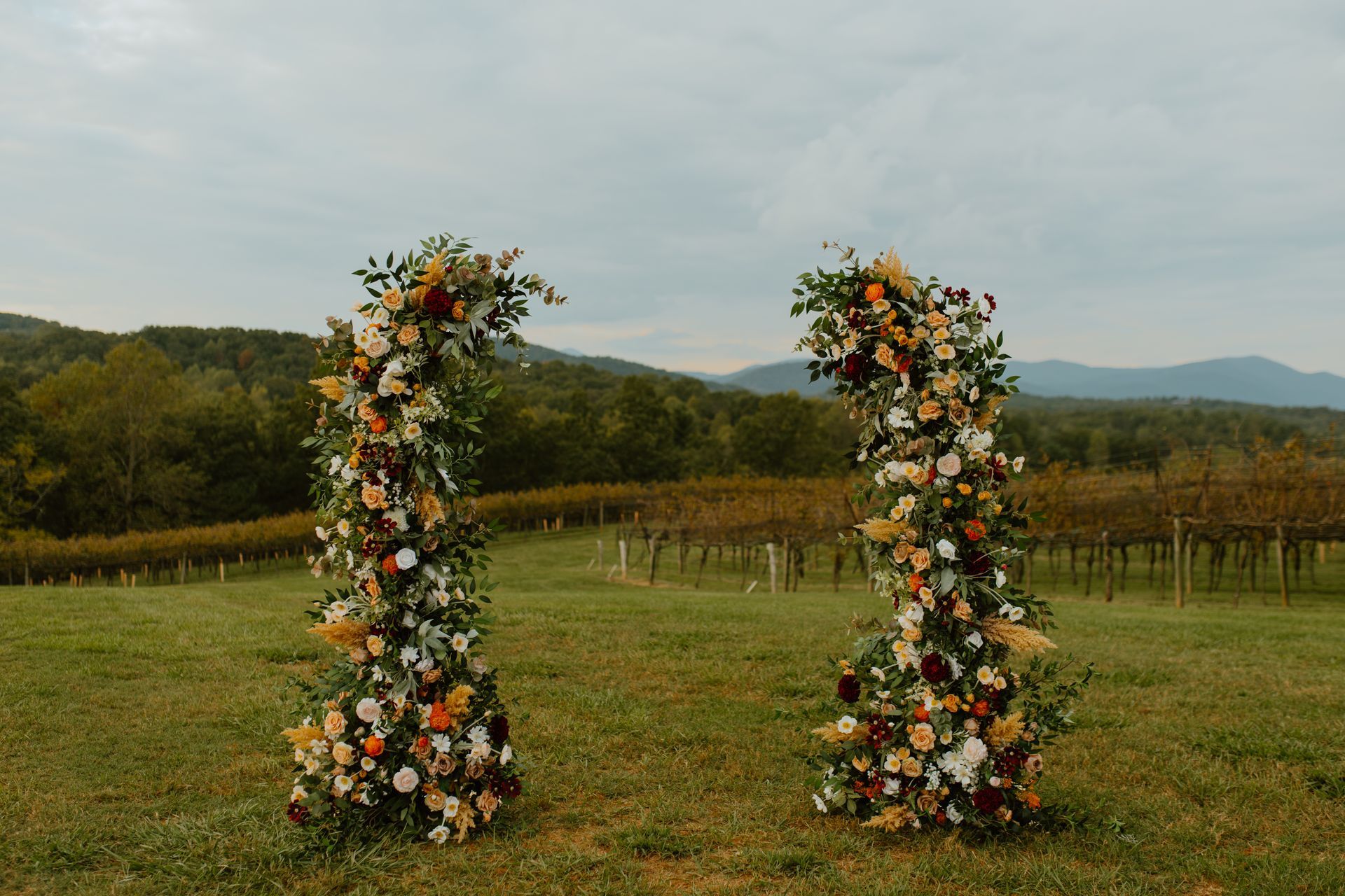 Two flower-covered archways in a grassy field, with a vineyard and mountains in the background.