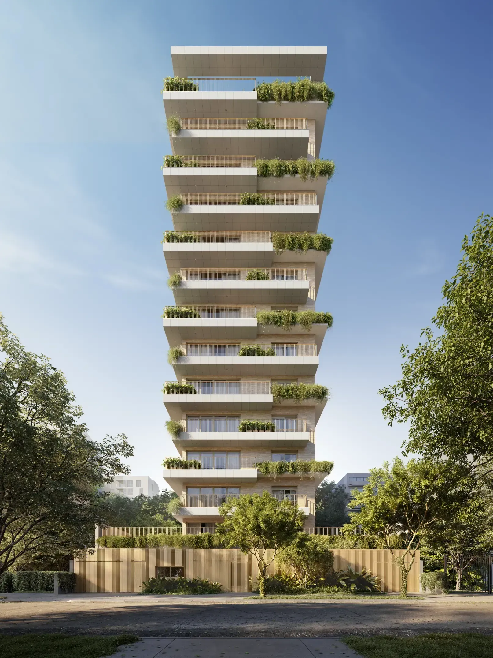 Impressão artística de um edifício alto com muitas varandas cercado por árvores.