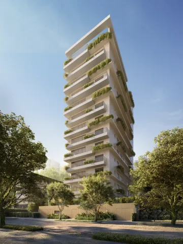 Impressão artística de um edifício alto com muitas varandas cercado por árvores.