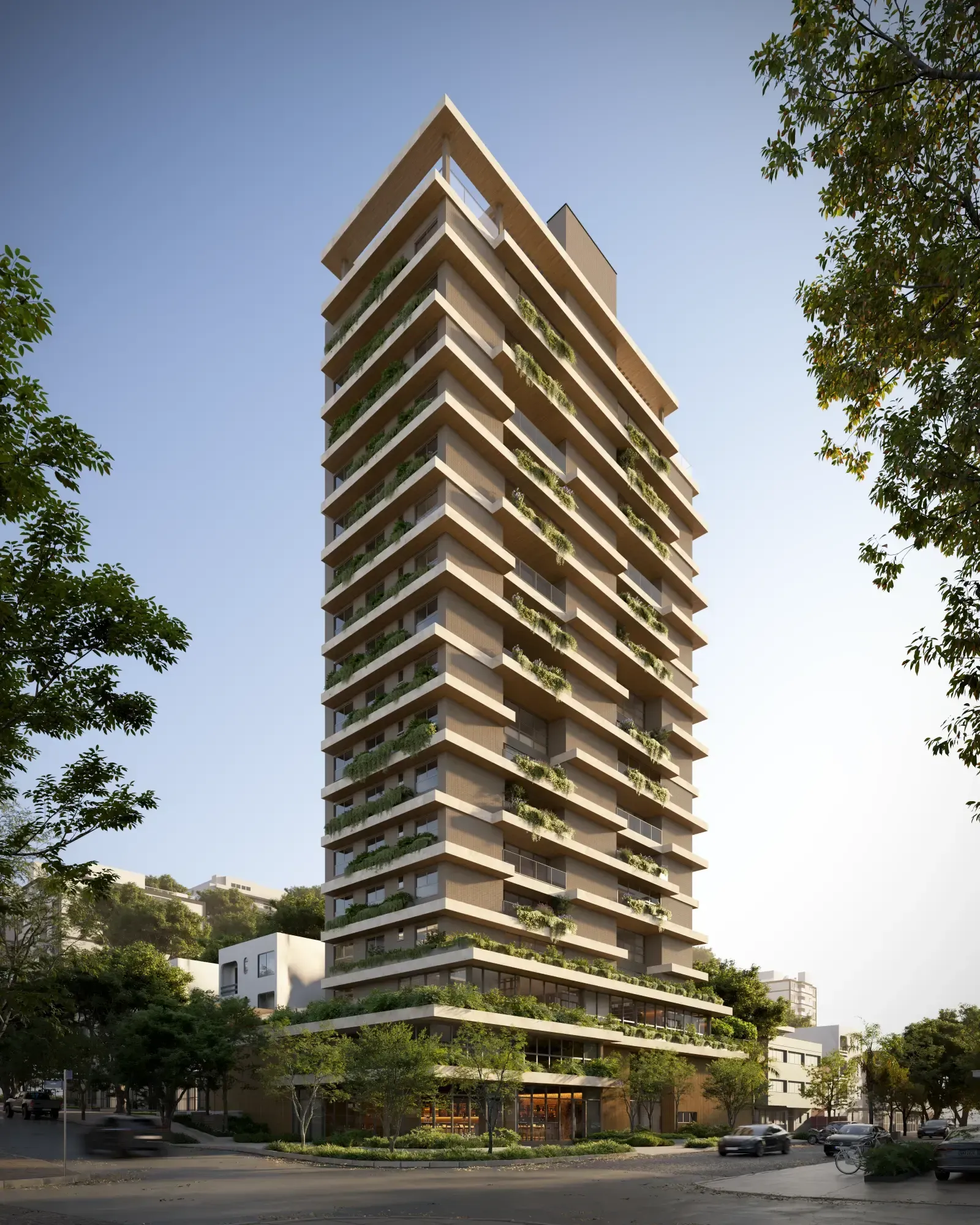 Impressão artística de um edifício alto à noite