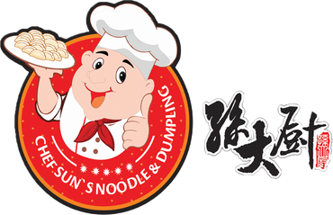 Cheerful chef logo holding a bowl of noodles beside Chinese calligraphy for Chefs Noodle & Dumpling.