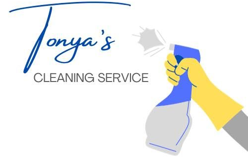 Tonya's Cleaning Service logo: blue script text, a gloved hand spraying cleaning solution.