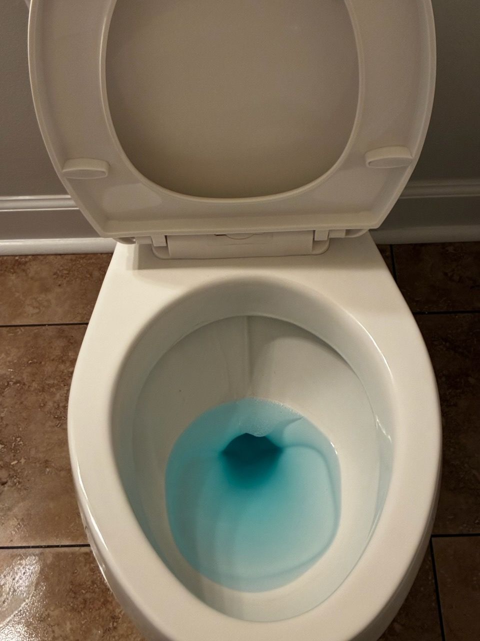 Open white toilet bowl with blue-tinted water against a brown tile floor.