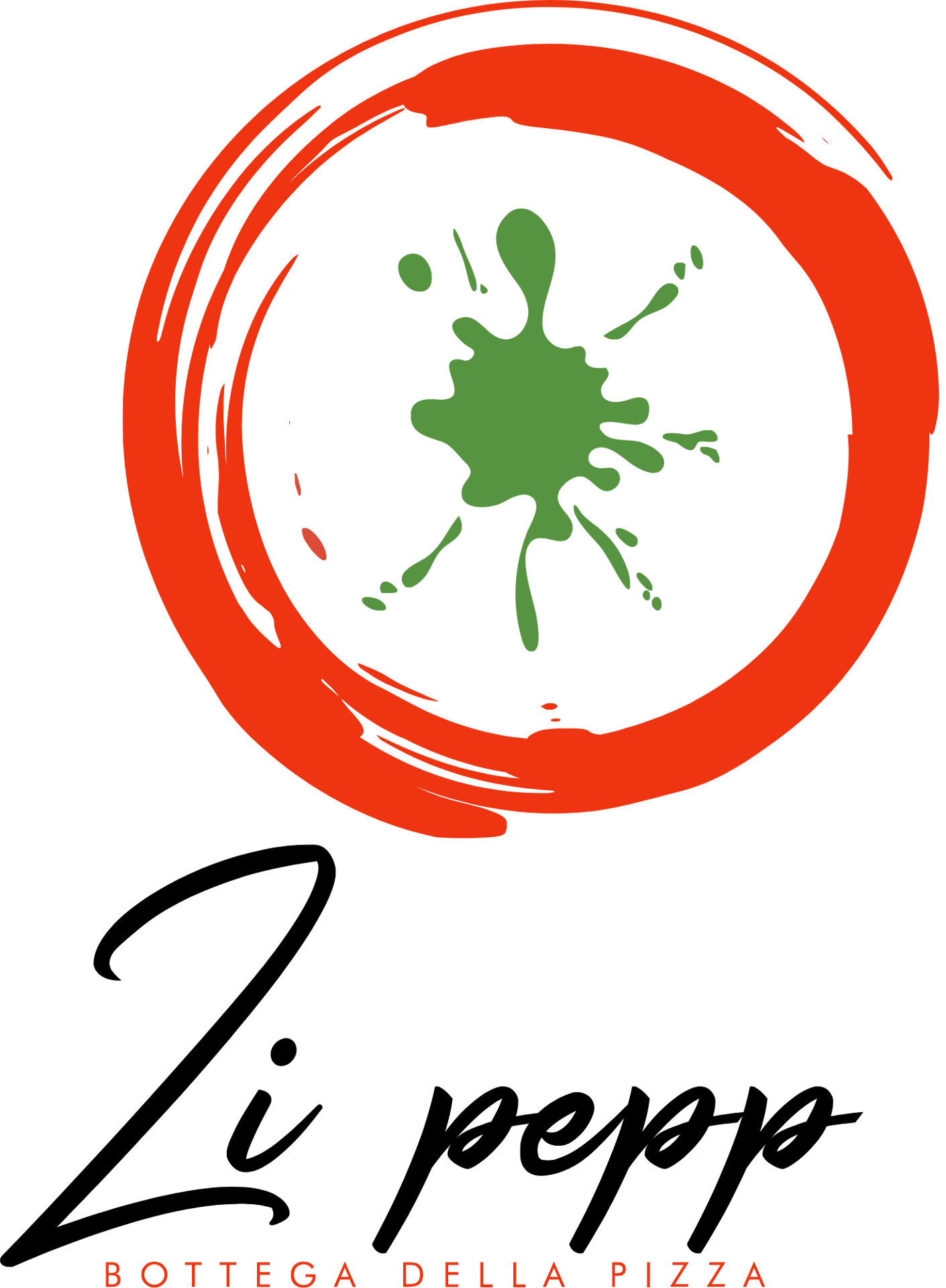 Logo voor Li Peppe met een spetter groene paprika in een rode cirkel met penseelstreken.