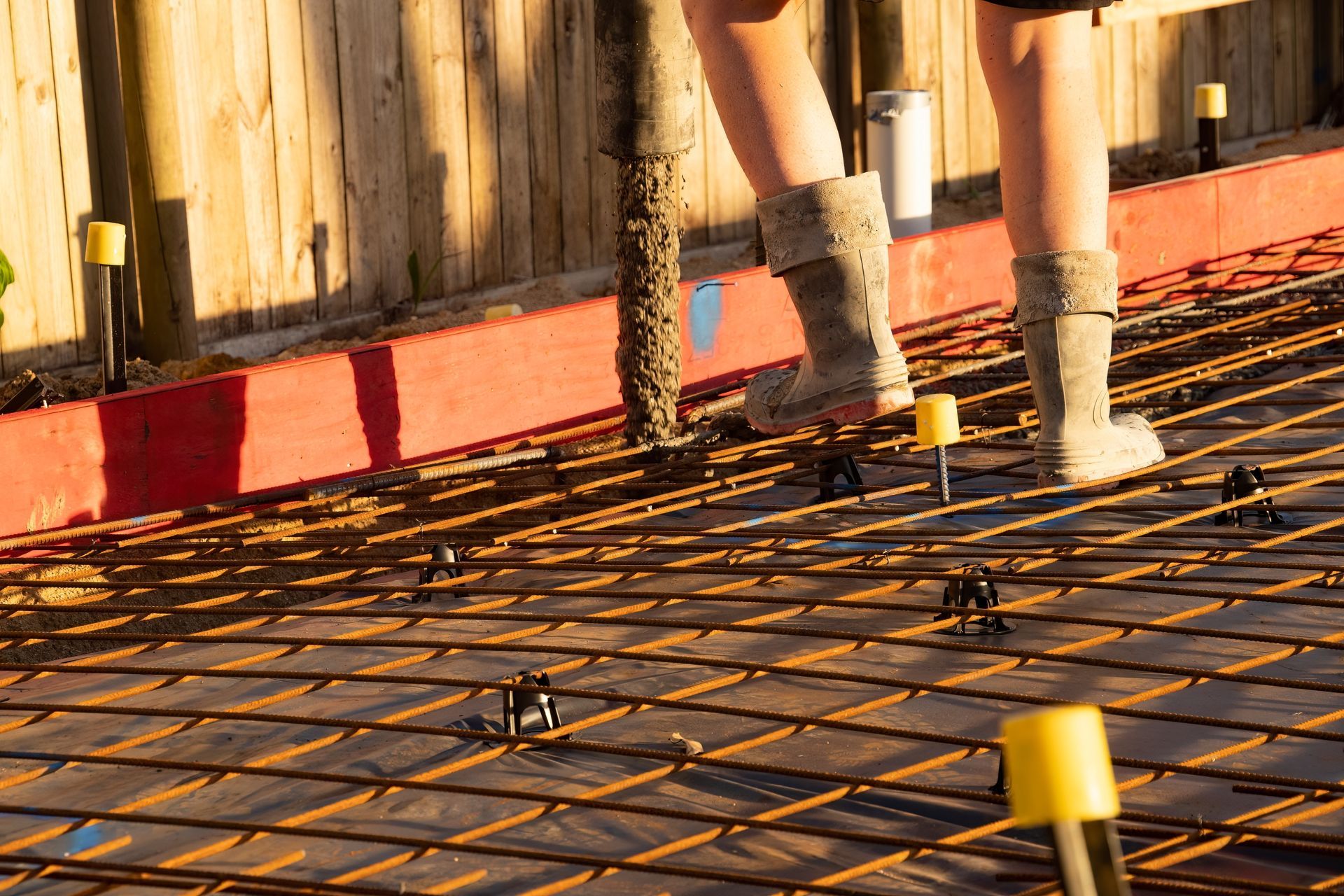Person Pouring Concrete on Rebar Grid— DPC Decorative Patterned Concrete in Sunrise Beach, QLD