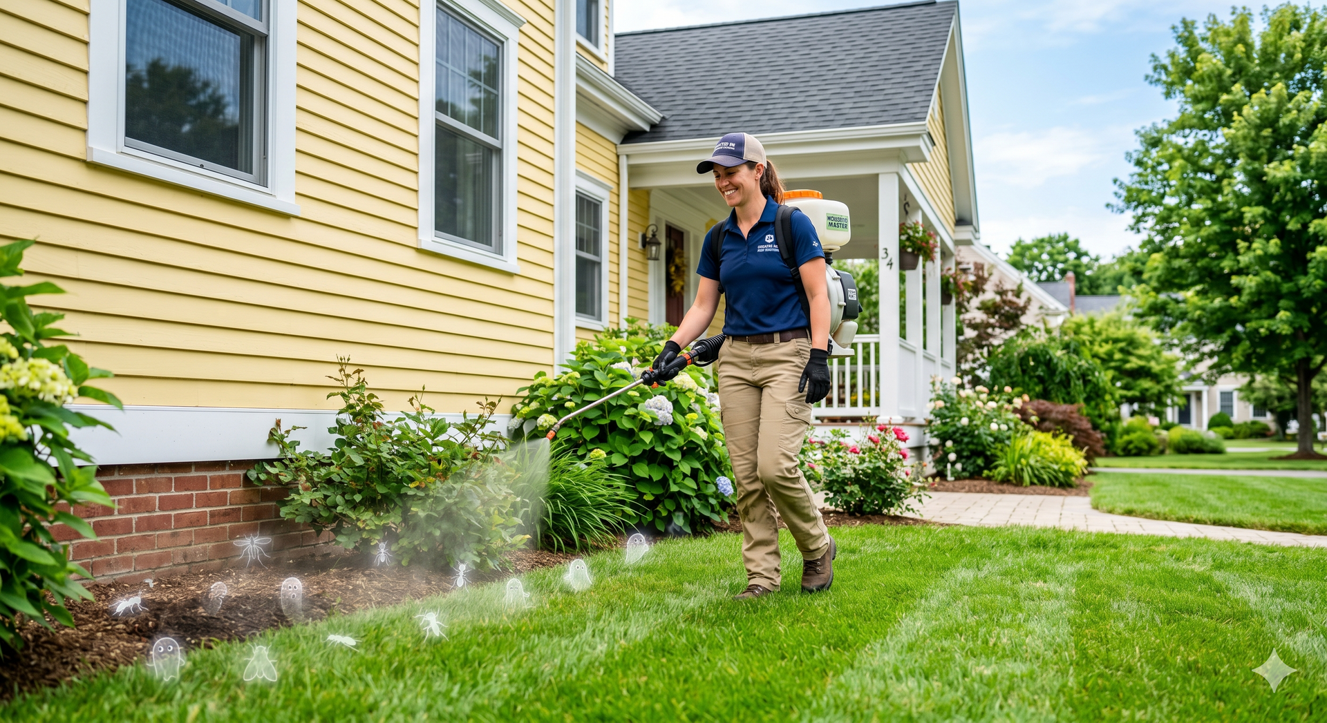 Pest control service technician spraying a home foundation in Salem New Hampshire