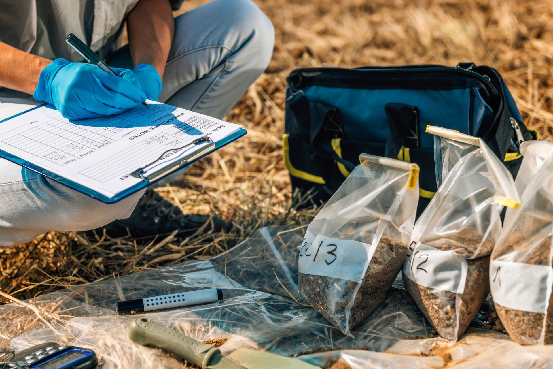 A Researcher Writes on a Clipboard Next to Labeled Soil Samples — Environment Restoration Solutions in Port Macquarie, NSW