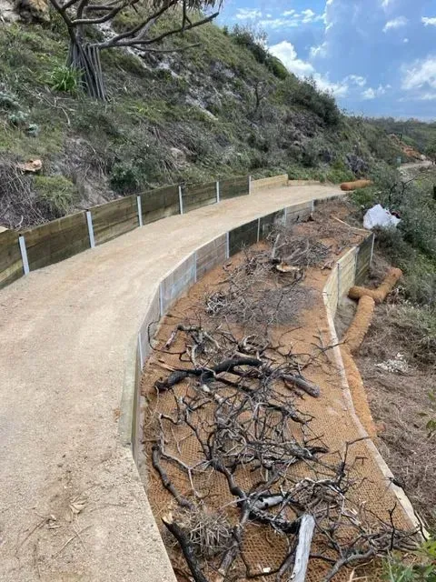 A Dirt Trail Along Hillside, Supported by Wood Retaining Walls — Environment Restoration Solutions in Waterview Heights, NSW