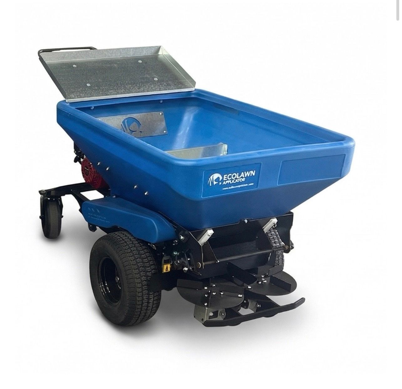 Blue Landscaping Spreader Cart With Hopper, Wheels, and Open Lid — Environment Restoration Solutions in Waterview Heights, NSW