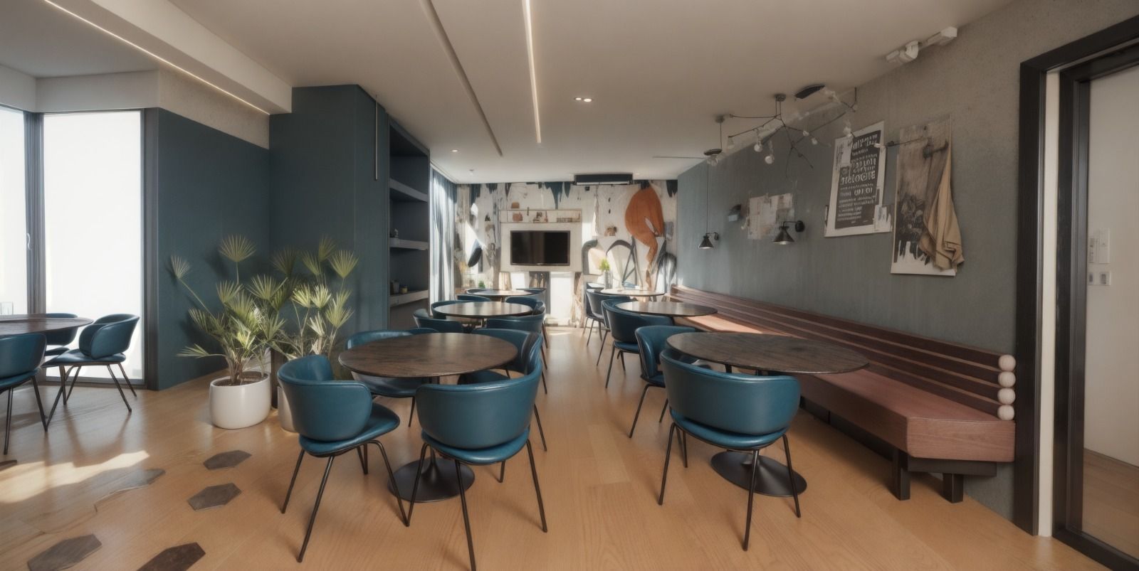 Um espaço de coworking moderno com mesas redondas e cadeiras azuis, um banco comprido, vasos de plantas e obras de arte nas paredes.