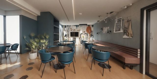 Uma área de estar moderna com mesas redondas, poltronas verde-azuladas, piso de madeira clara e um longo sofá encostado em uma parede cinza.