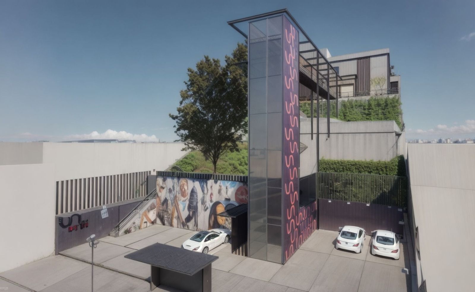 Uma área de estacionamento ao ar livre apresenta uma torre de elevador de vidro com uma lateral estampada em roxo, ao lado de um mural e uma grande árvore.