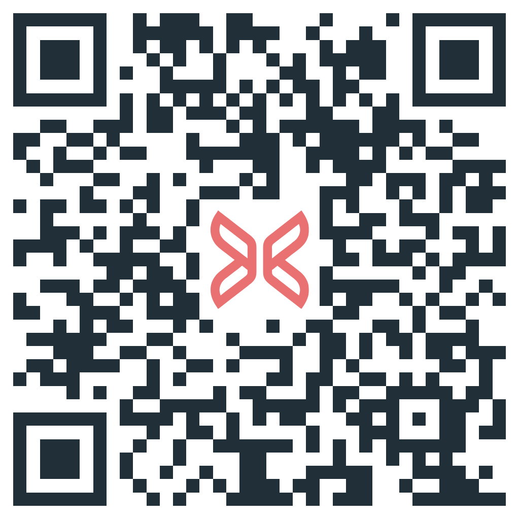 A black and white qr code with a red butterfly in the middle.