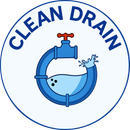 Clean Drain logo with blue pipe, water, and red faucet handle on white background