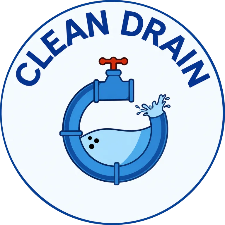 Clean Drain logo with blue pipe, water, and red faucet handle on white background
