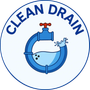 Clean Drain logo with blue pipe, water, and red faucet handle on white background
