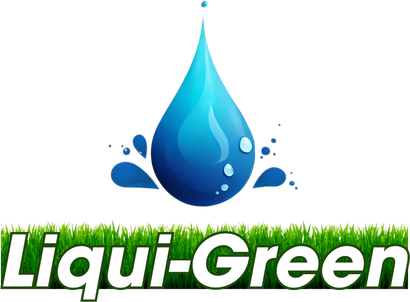 Blue water droplet logo above green grass with the text “Liqui-Green”