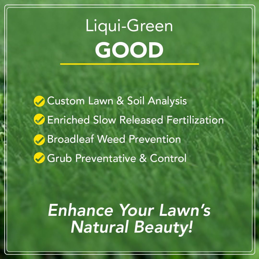 Liqui-Green GOOD lawn care ad on green grass background with service bullet points and slogan