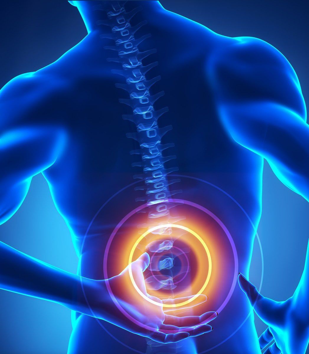 Blue-toned illustration of a person's back with pain radiating from lower back, spinal column visible.