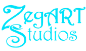 A blue and white logo for zegart studios