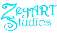 A blue and white logo for zegart studios