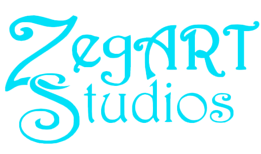 A blue and white logo for zegart studios