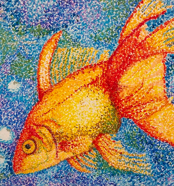 A colorful painting of a goldfish on a blue background