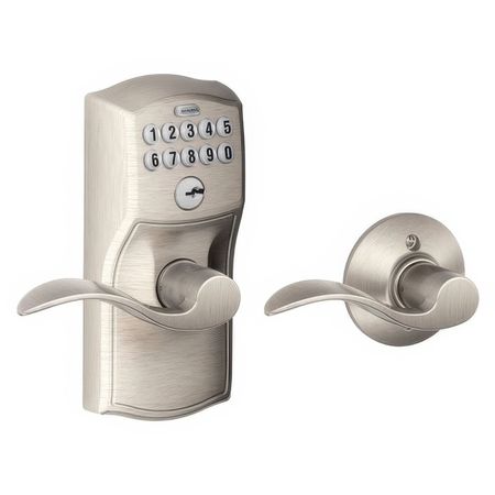 A stainless steel door lock with a keypad and a handle on a white background.