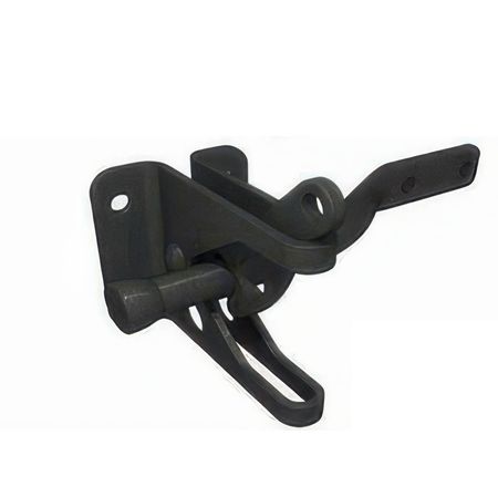 A close up of a black latch on a white background.