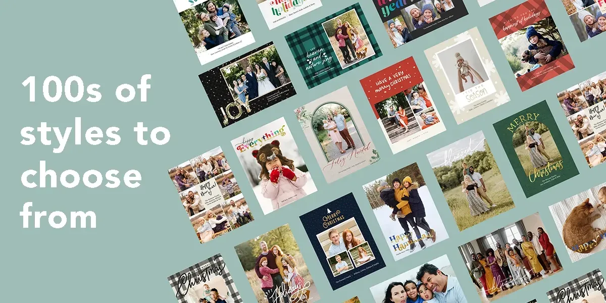 A collage of holiday cards showcasing various styles and images of people, highlighting Sharp Prints' custom greeting card options.