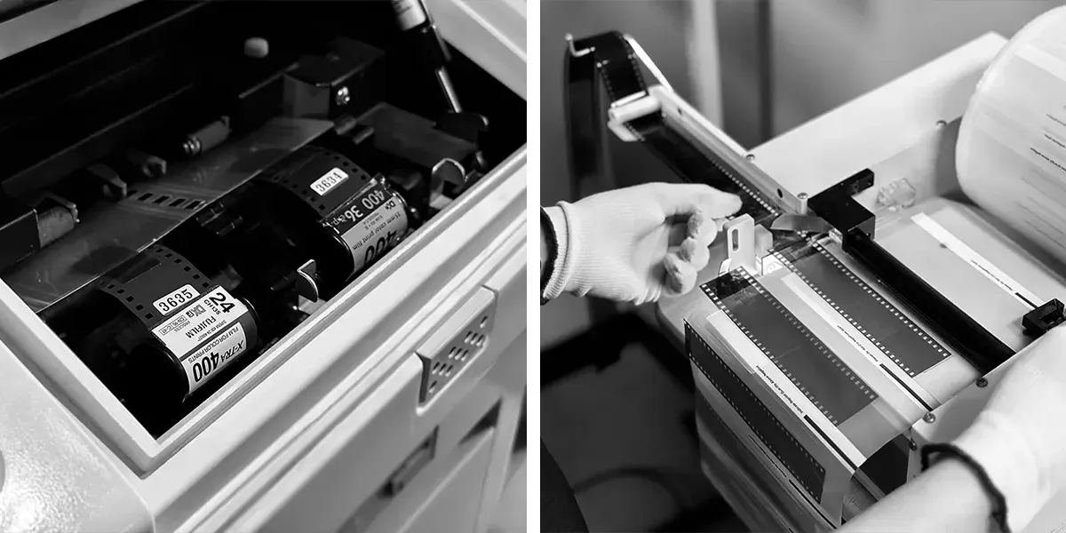 Noritsu QSF-V30 developing film and film being cut into strips