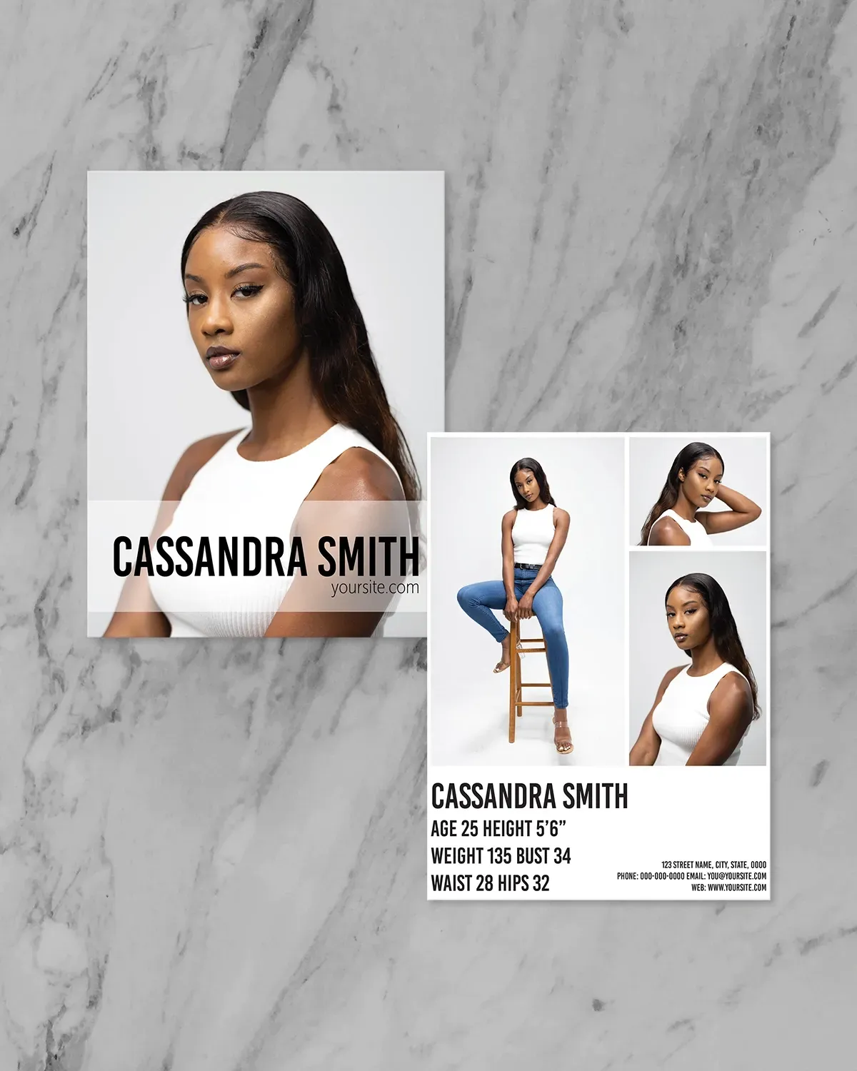 Two different styles of headshots and comp cards depicting a woman with her name and other information.