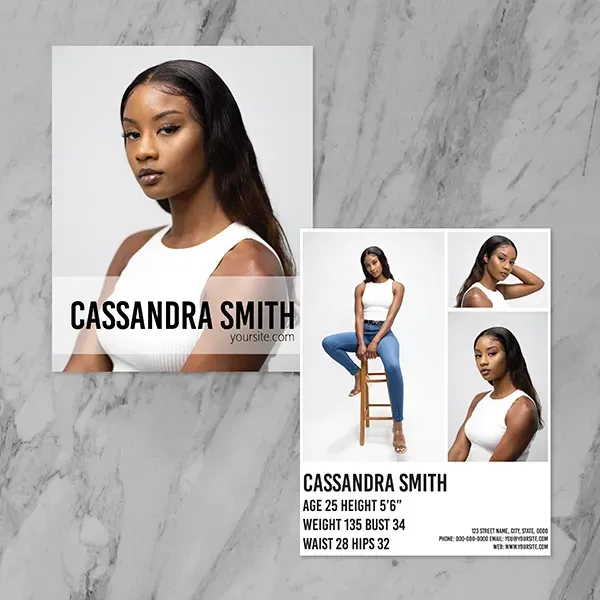 A headshot and comp card side by side