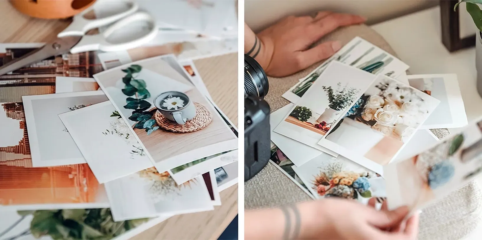 Double photo of high quality, cheap photo prints with white borders on table surrounded by multiple other photos