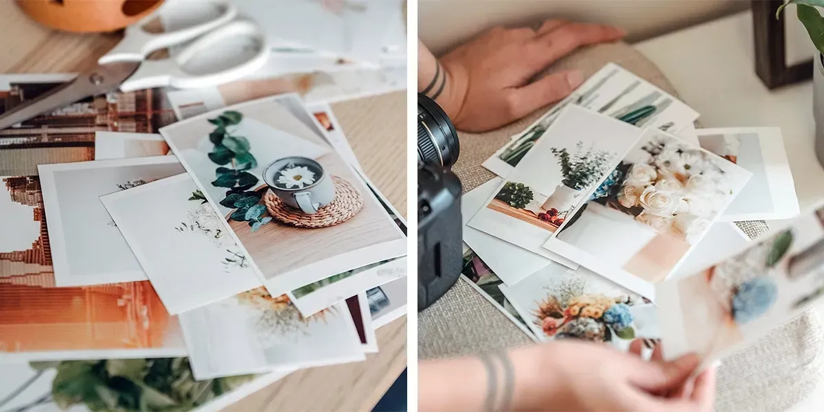 Double photo of high quality, cheap photo prints with white borders on table surrounded by multiple other photos