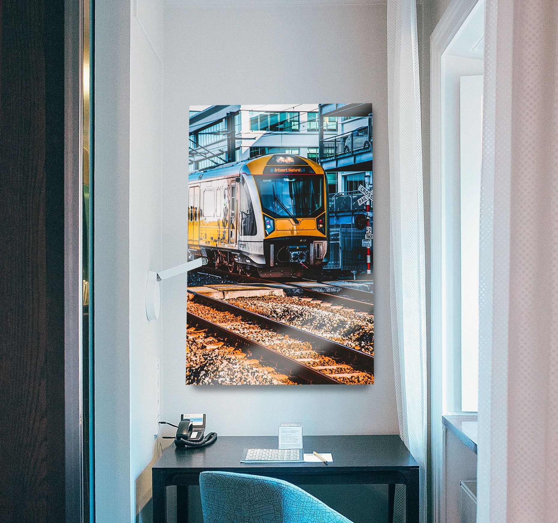 metal prints Custom metal print of yellow train on the wall in office