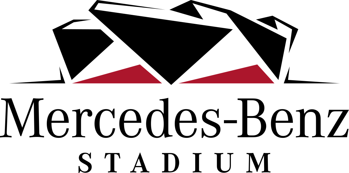 The logo for mercedes benz stadium is black and red.