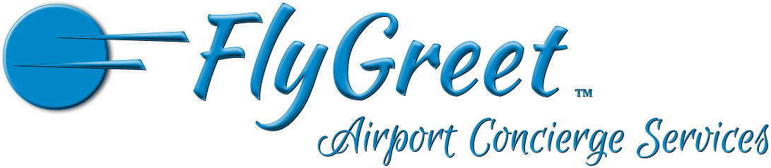 A blue logo for flygreet airport concierge services