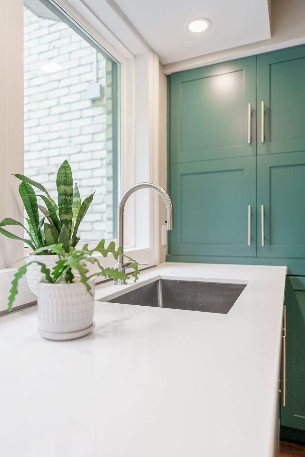 Bright kitchen with white countertop, sink, green cabinets, and a potted plant by a window